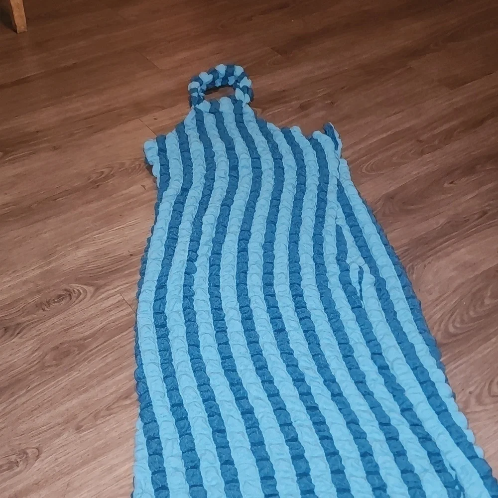 NWOT Striped Color Patchwork Puttly Seersucker Popcorn Bodycon Long Dress - Picture 5 of 6